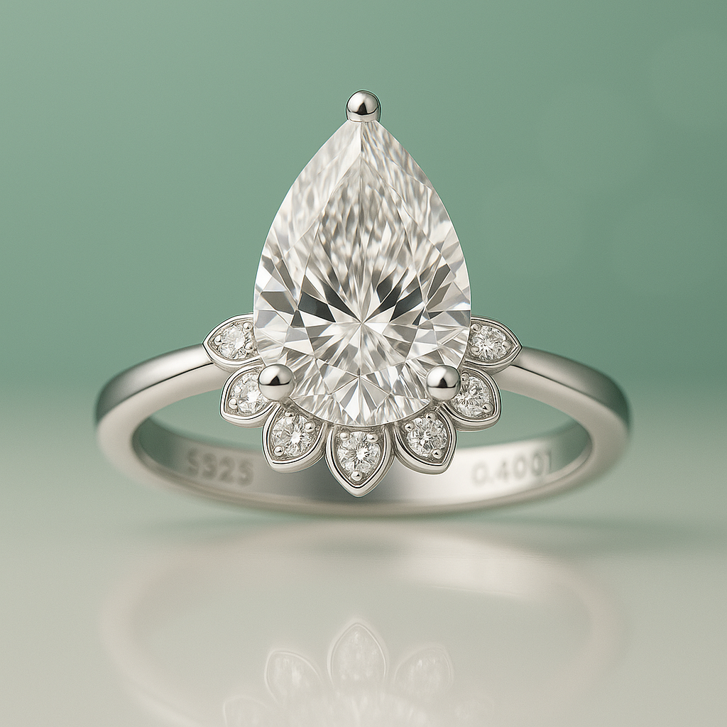 Anel de Noivado com Moissanite Pêra 4 Quilates em Prata 925 com Detalhe Floral com Certificado GRA - Yuna Joias