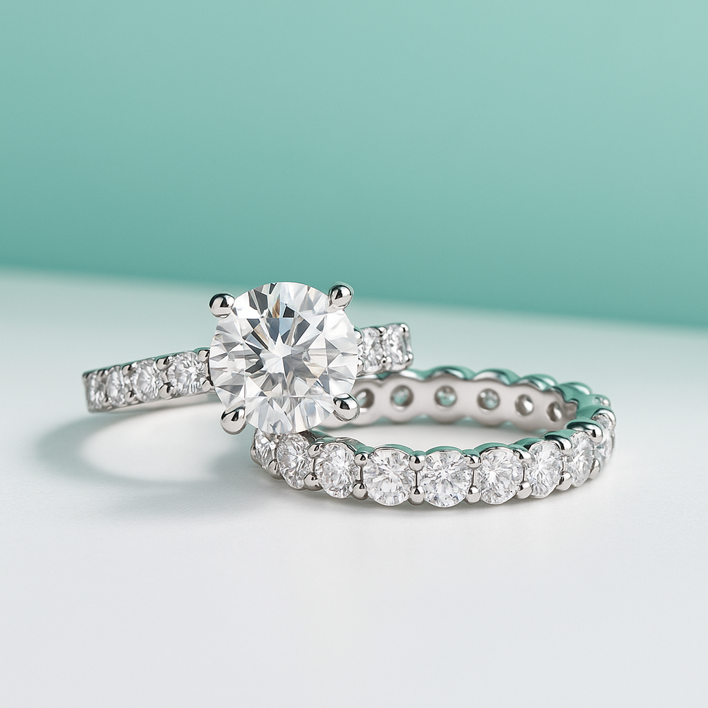Anel Jasmin com Moissanite 4.3ct + Aliança Wedding – Prata 925 com Ouro Branco 18k - Yuna Joias