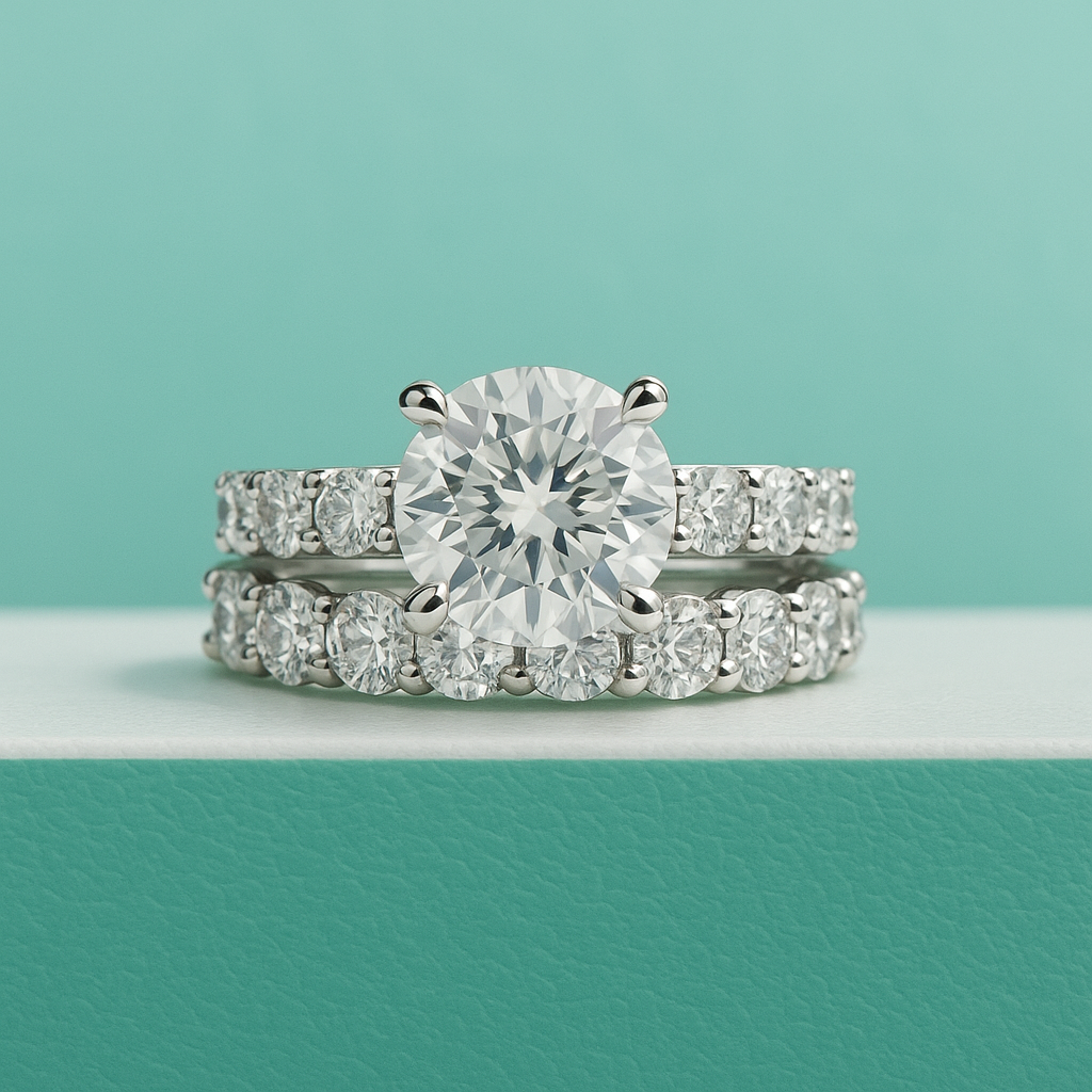 Anel Jasmin com Moissanite 4.3ct + Aliança Wedding – Prata 925 com Ouro Branco 18k - Yuna Joias