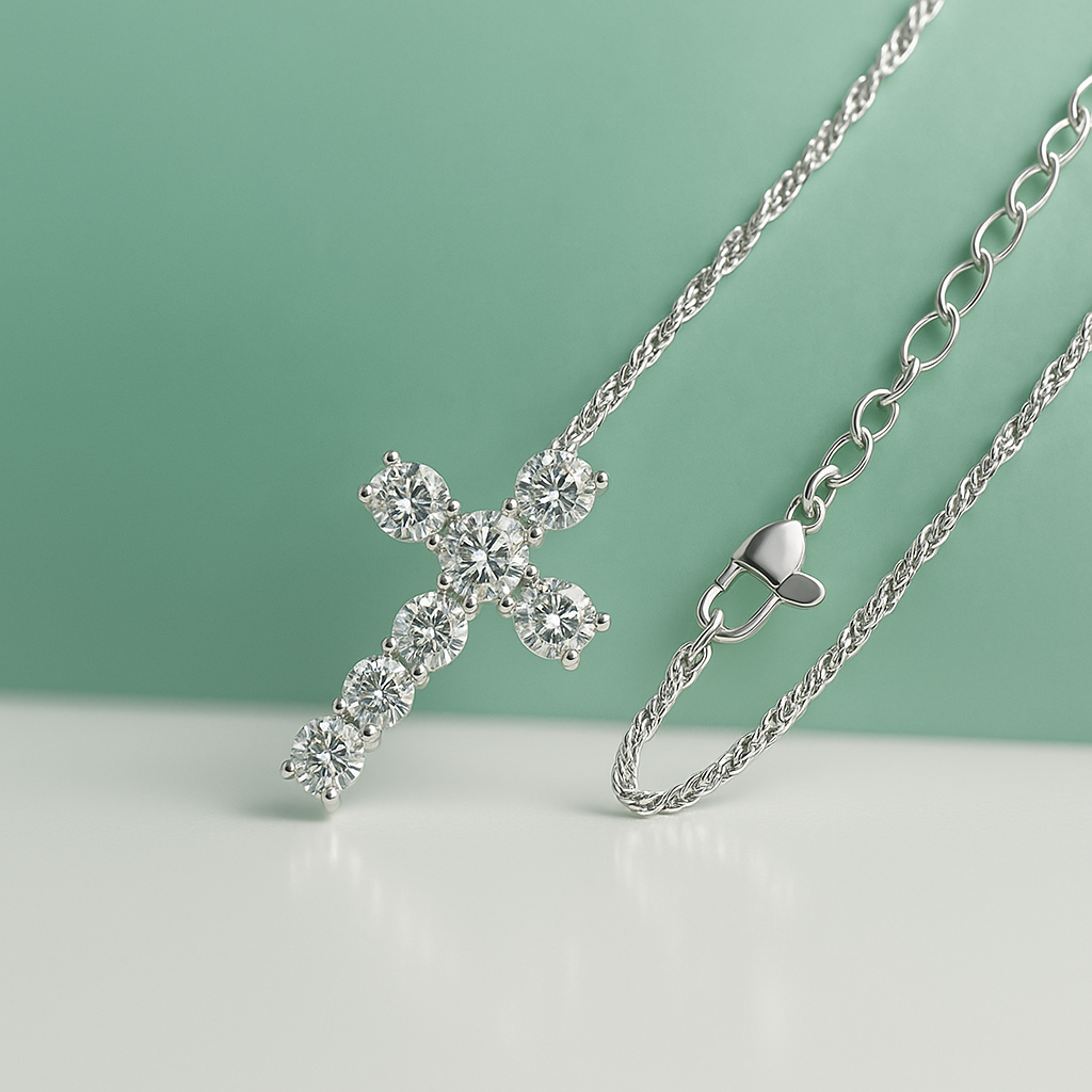 Colar Cruz com Moissanite 2.1ct – Prata 925, Ródio e Ouro 18k - Yuna Joias