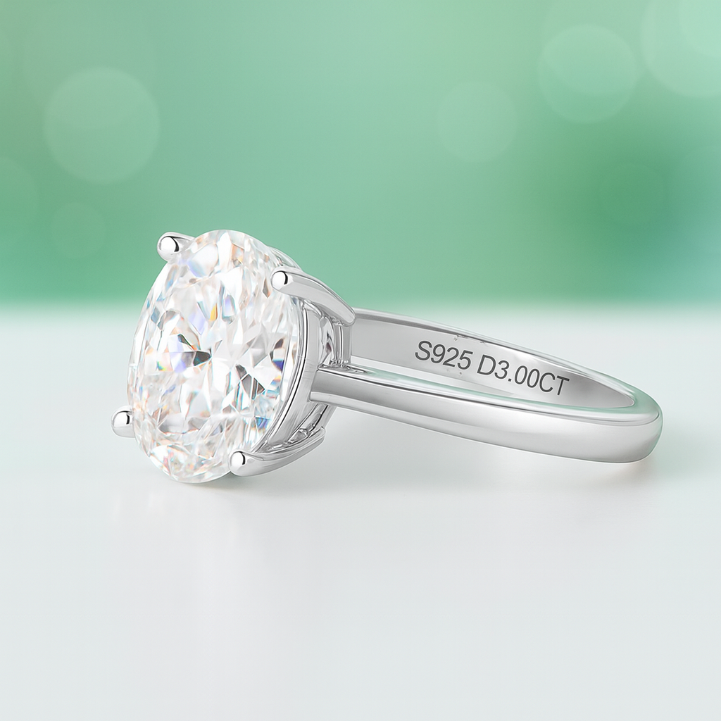 Anel Solitário de Moissanite Oval 1ct -4ct  Prata 925 com Banho de Ouro Branco - Yuna Joias