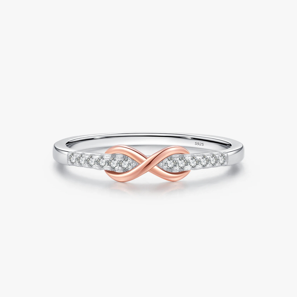 Anel Feminino Infinito com Zircônias - Joia Romântica em Prata 925 Banho Ouro Rosé - Yuna Joias
