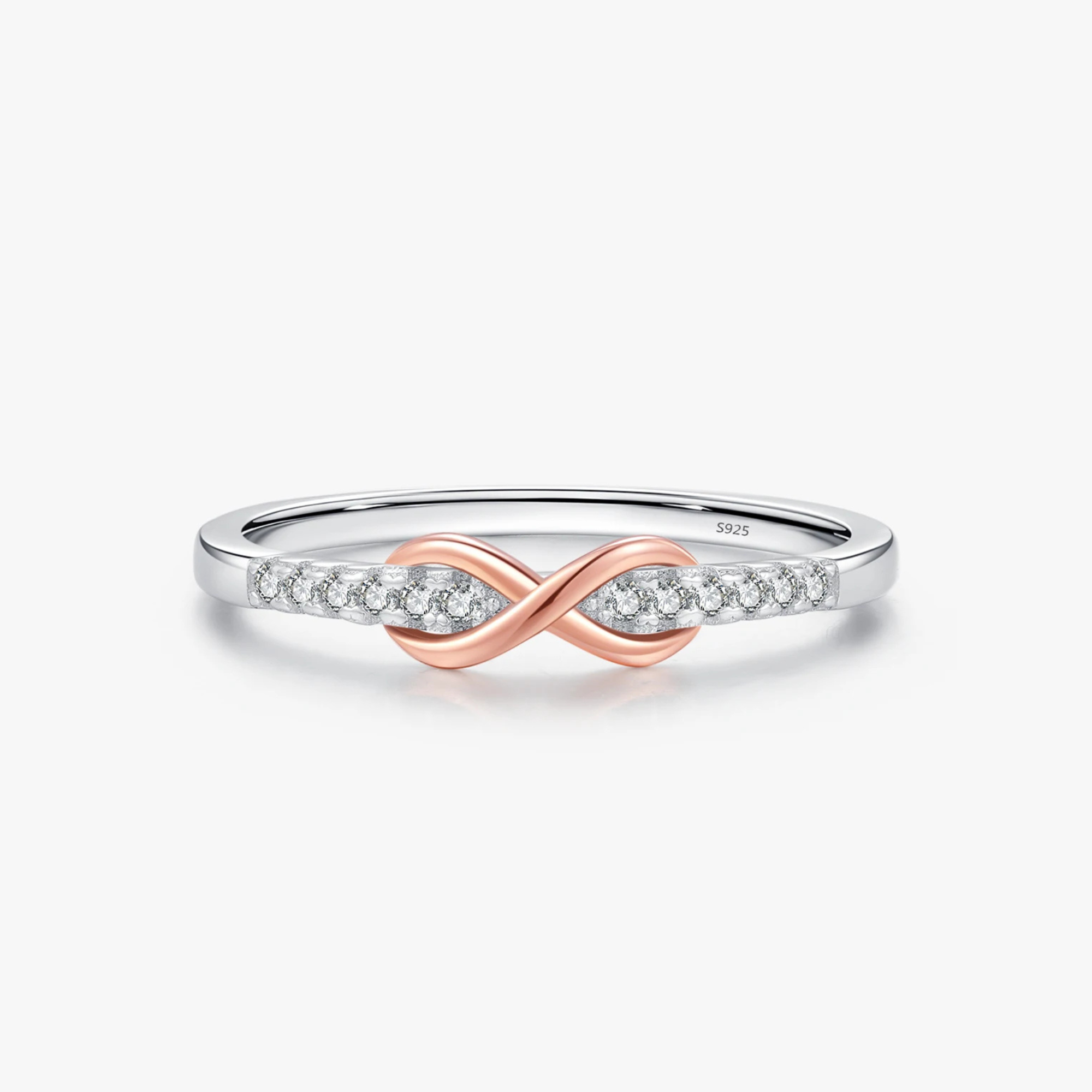 Anel Feminino Infinito com Zircônias - Joia Romântica em Prata 925 Banho Ouro Rosé - Yuna Joias