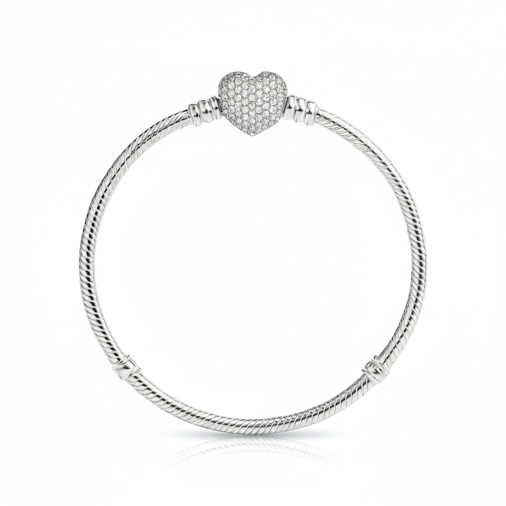 Pulseira Berloque Prata 925 com Fecho Coração Reversível e Zircônias - Estilo Pandora - Yuna Joias