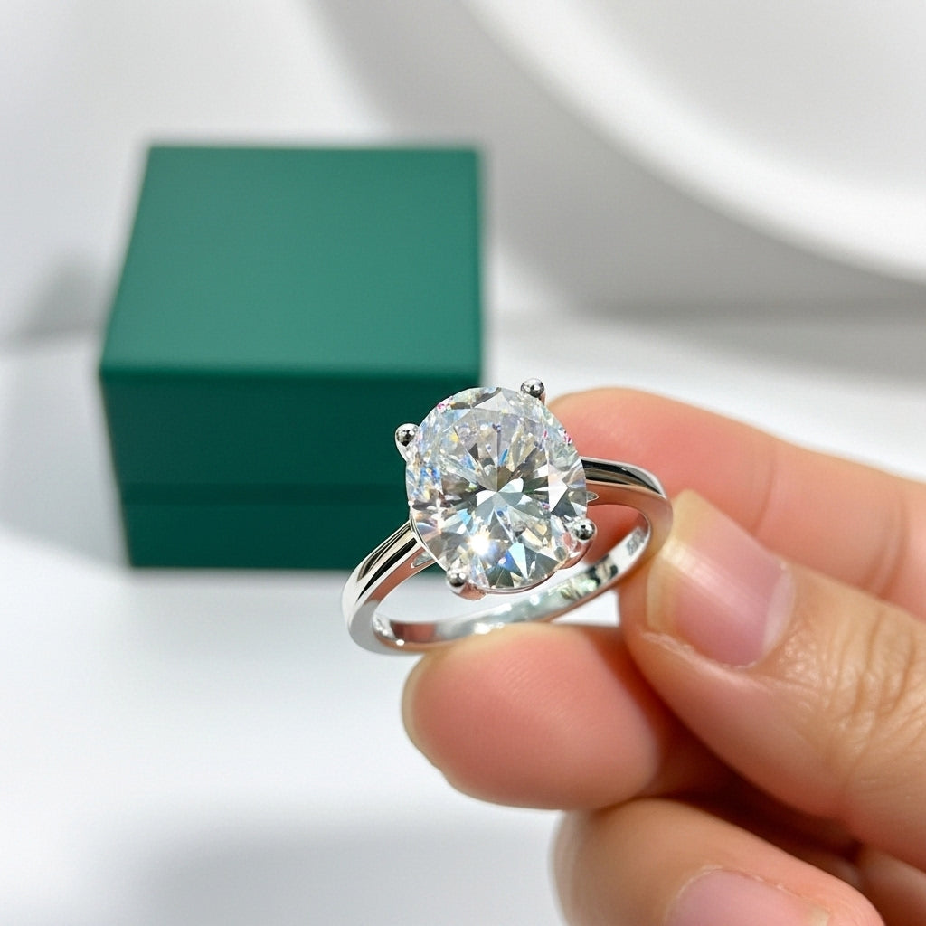 Anel Solitário Moissanite Oval 1 a 4ct - Prata 925 Banho Ouro Branco 18k GRA - Yuna Joias