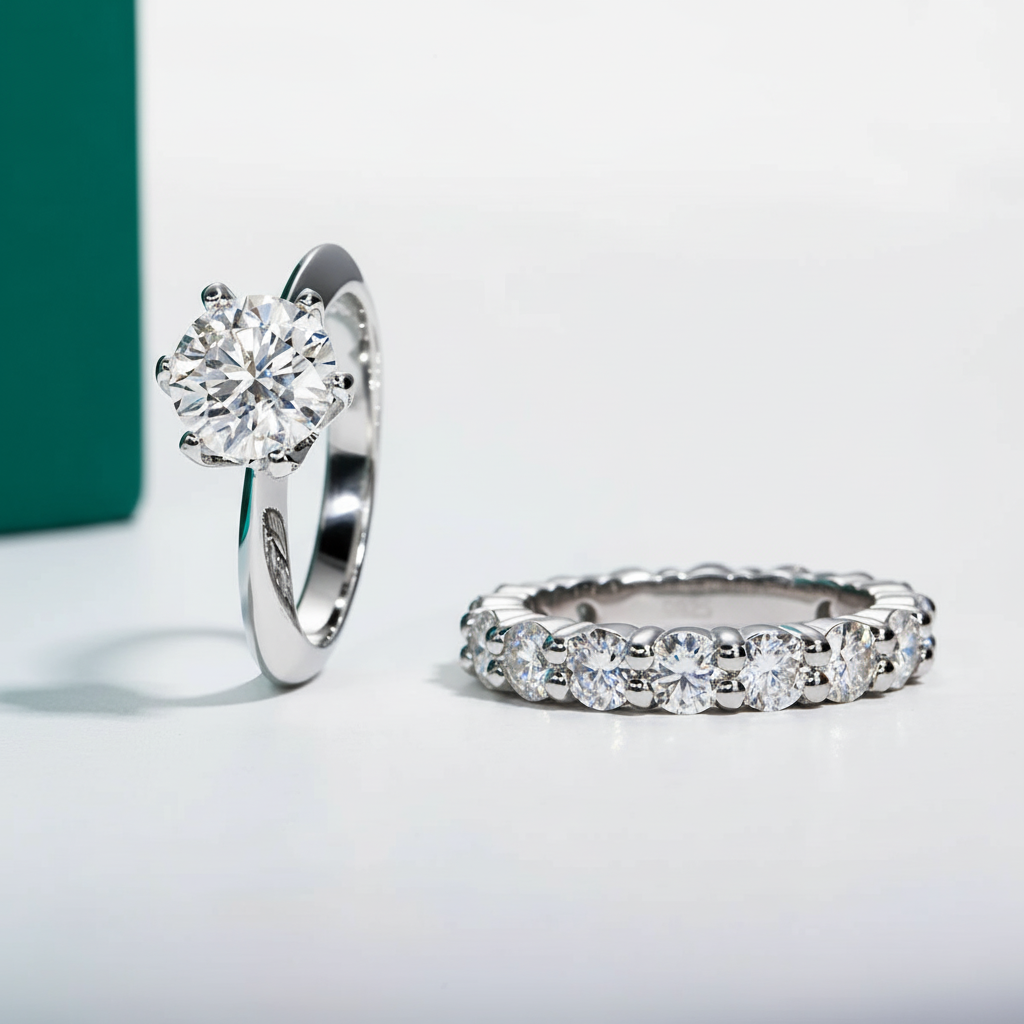 Conjunto de Anéis Feminino com Moissanite 2ct - Aliança de Noivado e Casamento em Prata 925 - Yuna Joias