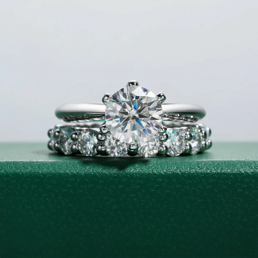 Conjunto de Anéis Feminino com Moissanite 2ct - Aliança de Noivado e Casamento em Prata 925 - Yuna Joias