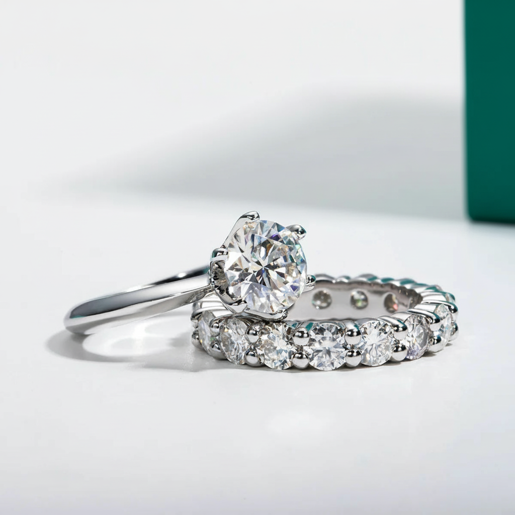 Conjunto de Anéis Feminino com Moissanite 2ct - Aliança de Noivado e Casamento em Prata 925 - Yuna Joias