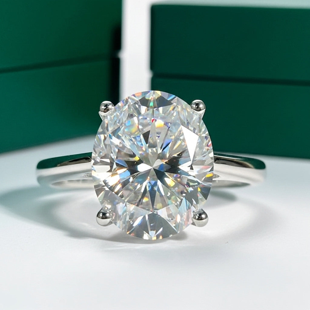 Anel Solitário Moissanite Oval 1 a 4ct - Prata 925 Banho Ouro Branco 18k GRA - Yuna Joias