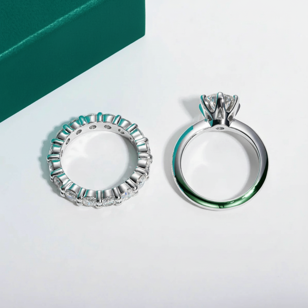 Conjunto de Anéis Feminino com Moissanite 2ct - Aliança de Noivado e Casamento em Prata 925 - Yuna Joias