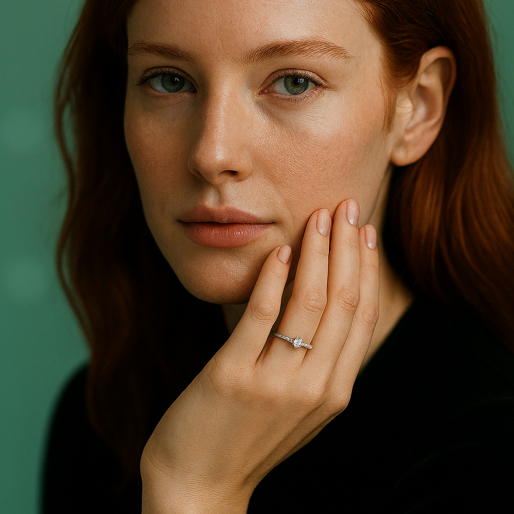 Mulher ruiva com anel de noivado de moissanite 0,3ct em prata 925 brilhante