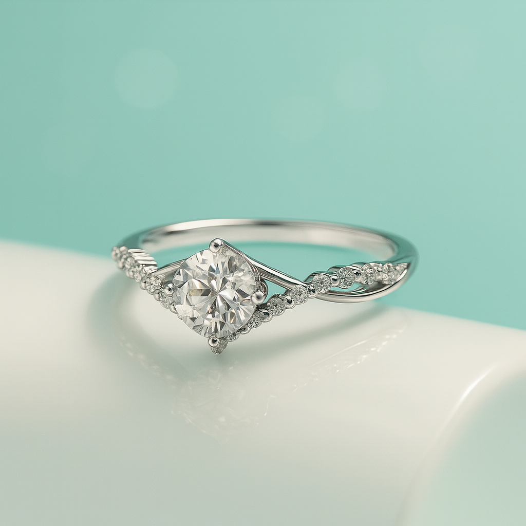 Anel de prata 925 com moissanite central e detalhes de pequenos diamantes no aro