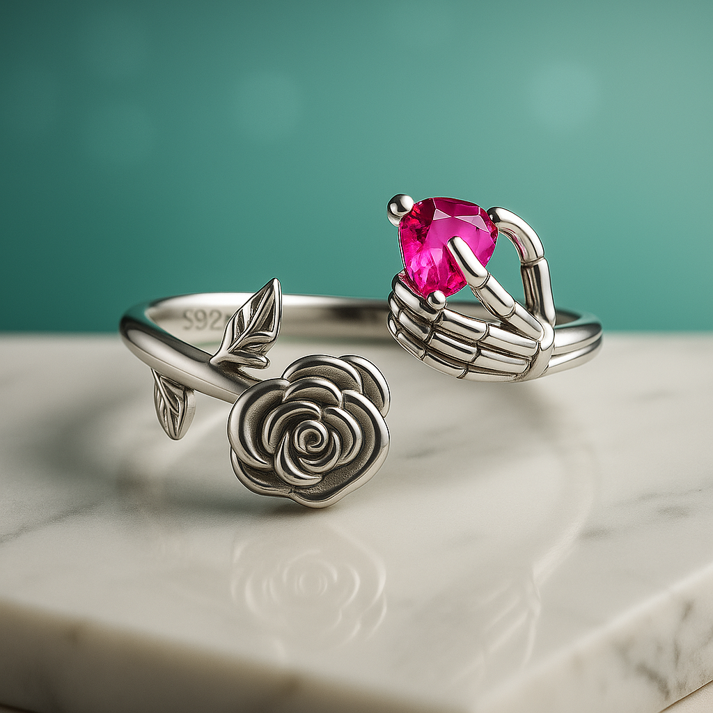 Anel Rosa Caveira Regulável em Prata 950 com Cristal em Coração - Yuna Joias - Yuna Joias