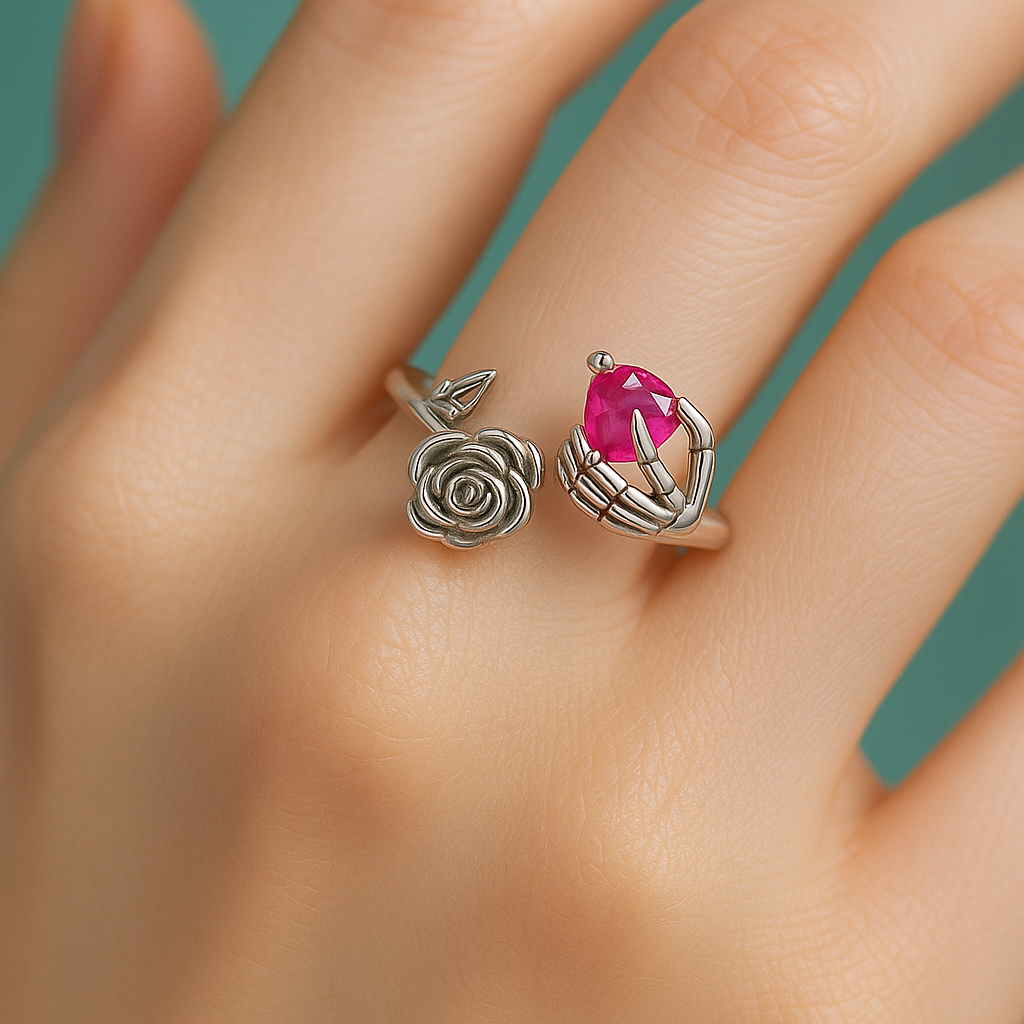 Anel Rosa Caveira Regulável em Prata 950 com Cristal em Coração - Yuna Joias - Yuna Joias