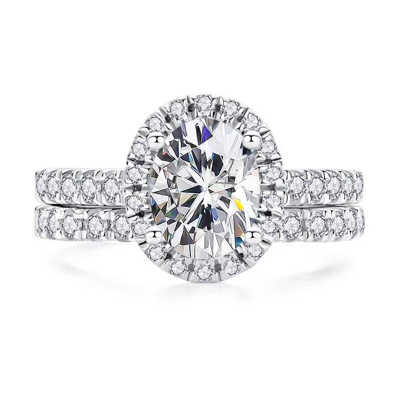Conjunto de Anel Solitário com Meia Aliança em Prata 925 com Moissanite Oval 2ct – Yuna Joias - Yuna Joias