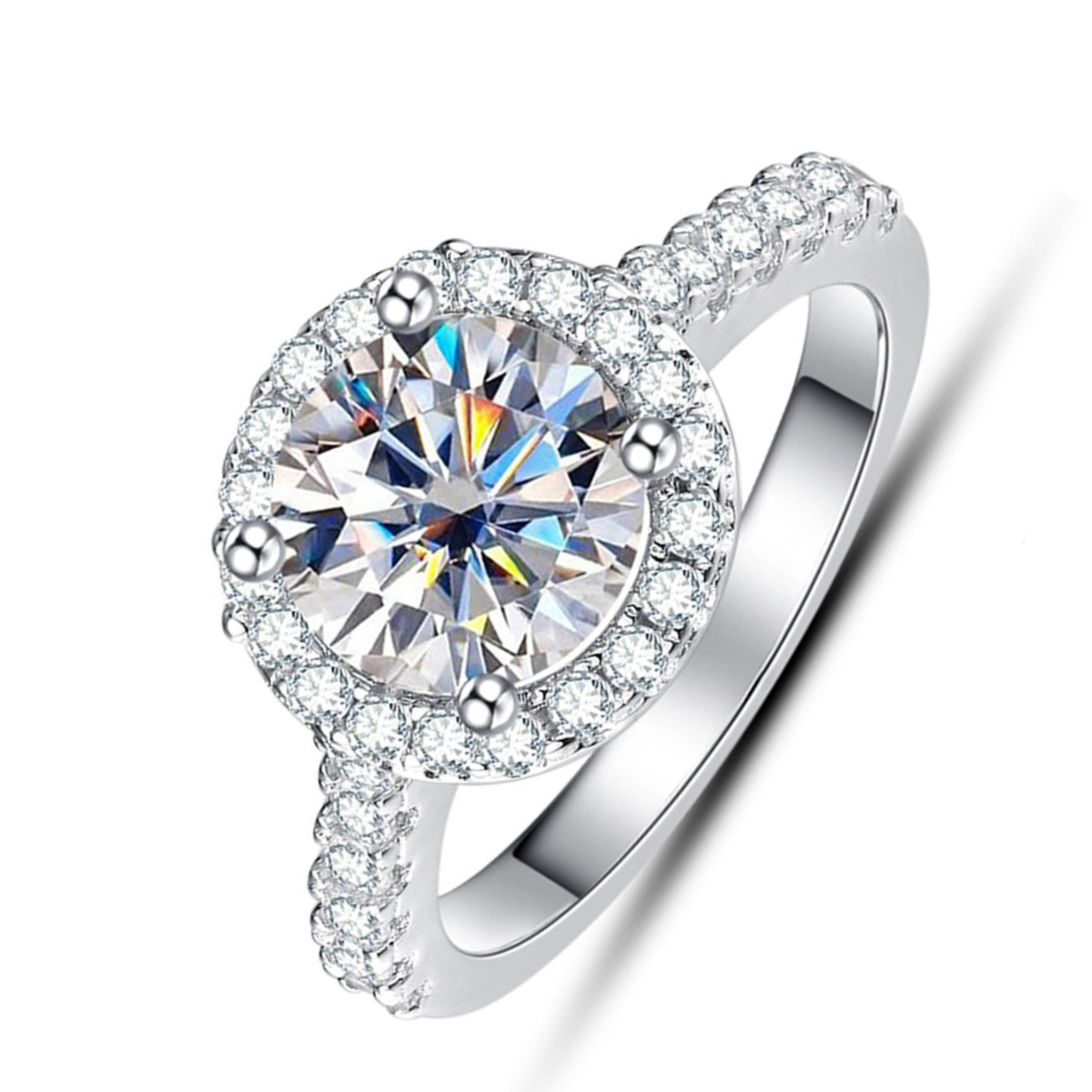 Anel Solitário Halo com Moissanite 2ct – Prata 925 com Banho de Ouro Branco 18k - Yuna Joias - Yuna Joias