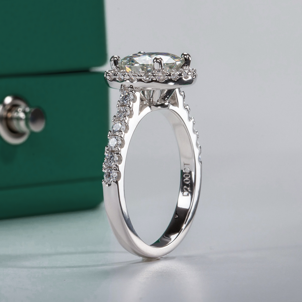 Anel Solitário Halo com Moissanite 2ct – Prata 925 com Banho de Ouro Branco 18k - Yuna Joias - Yuna Joias