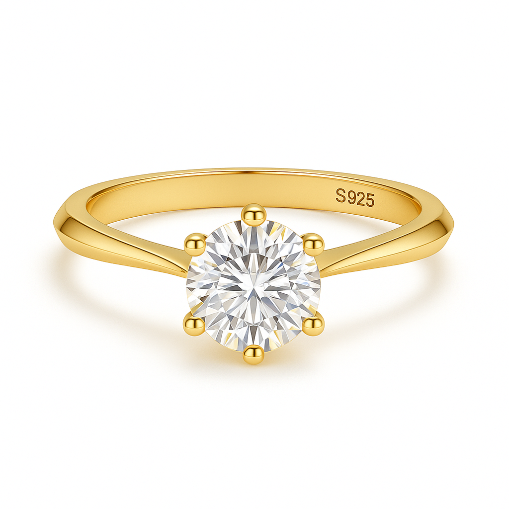 Anel Solitário com Moissanite Lapidação Brilhante em Prata 925 Banhado a Ouro 18k – Yuna Joias - Yuna Joias