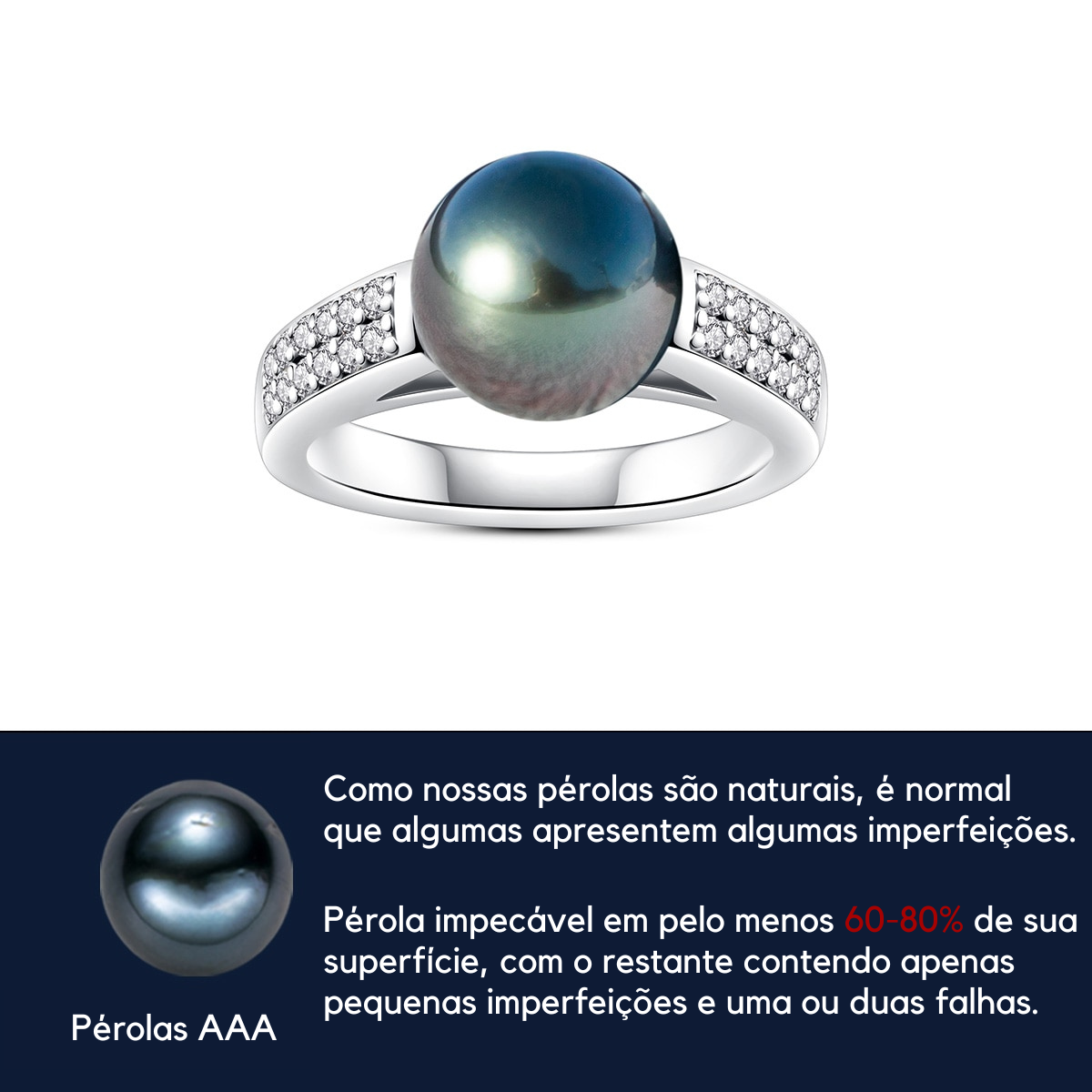 Anel Solitário com Pérolas Negras Tahiti em Ouro Branco 18k Classificação d Vvs1 - Anel Solitário