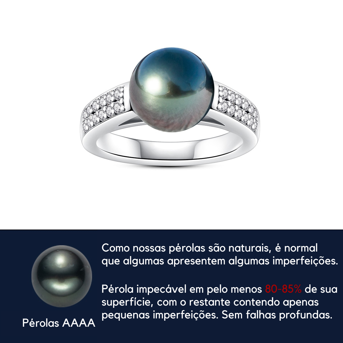 Anel Solitário com Pérolas Negras Tahiti em Ouro Branco 18k Classificação d Vvs1 - Anel Solitário