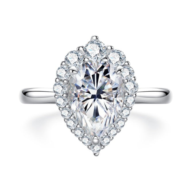 Anel Solitário Halo com Moissanite Lapidação Pera em Prata 925 Banhada a Ouro 18k – Yuna Joias - Yuna Joias