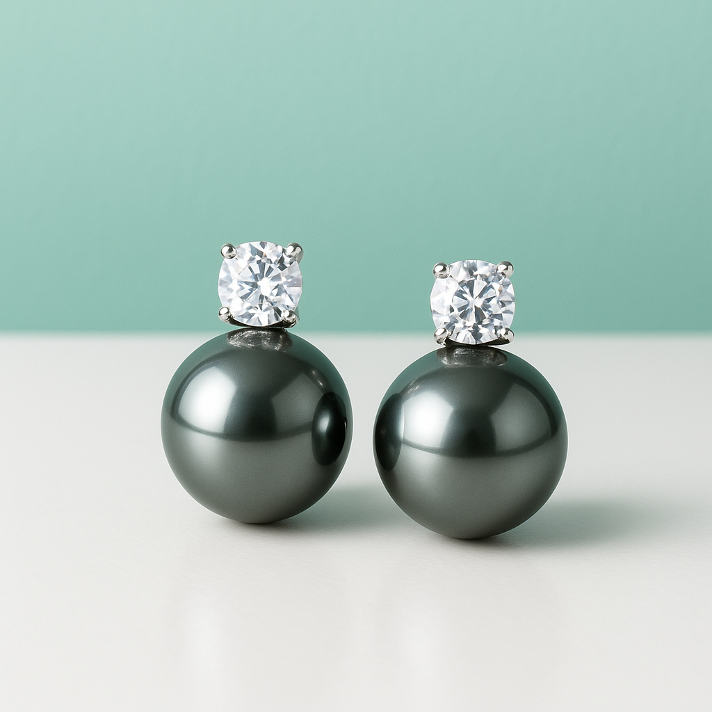 Brincos com Pérola Negra do Tahiti e Moissanite 0.3ct – Ouro 10k - Yuna Joias - Yuna Joias