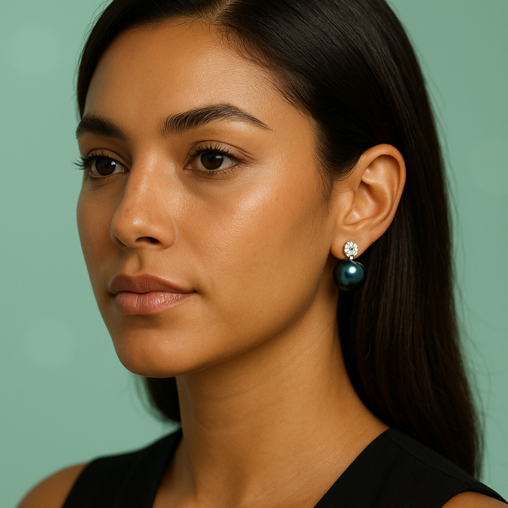 Brincos com Pérola Negra do Tahiti e Moissanite 0.3ct – Ouro 10k - Yuna Joias - Yuna Joias