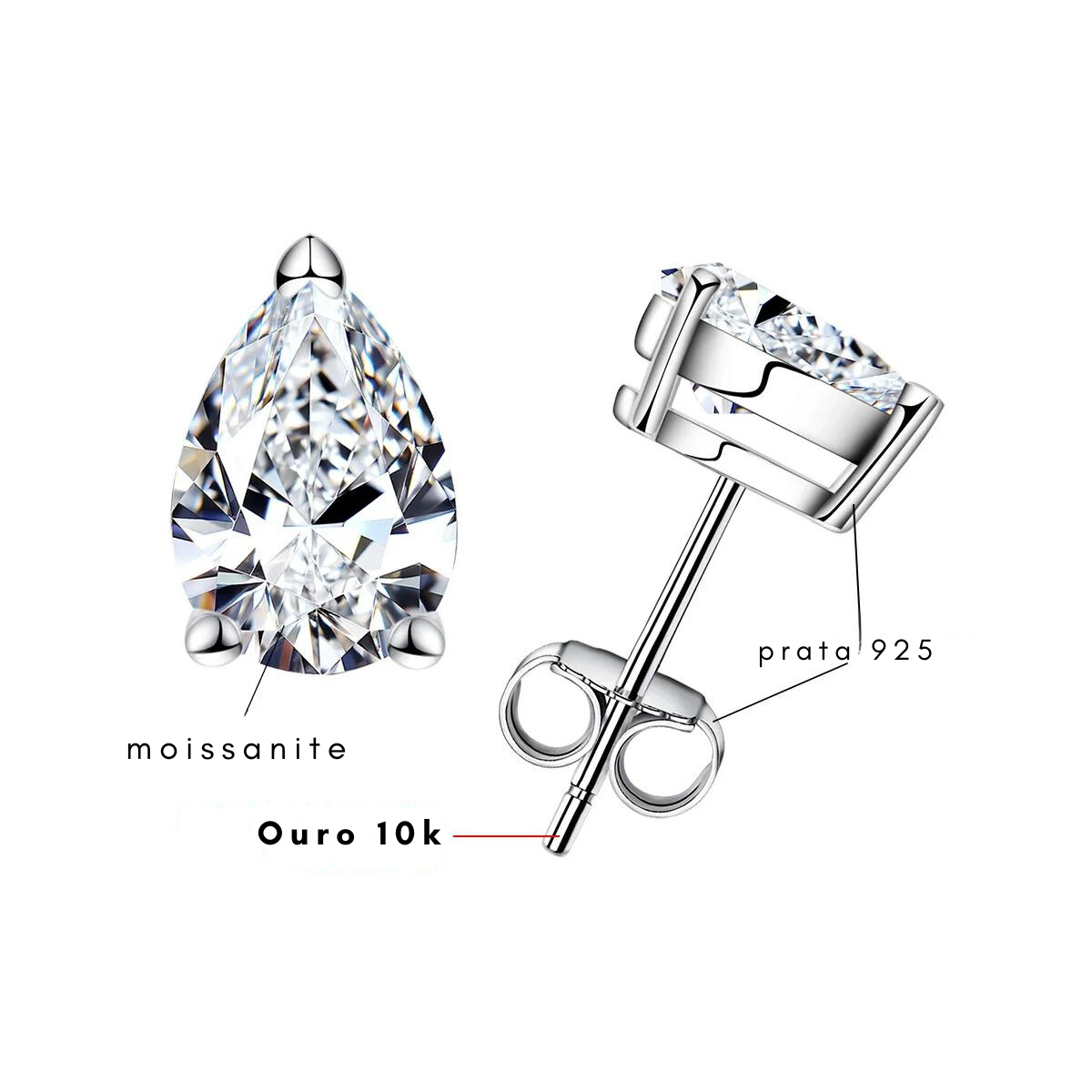 Brincos de Moissanite com Haste em Ouro 10k – Lapidação Pera | Antialérgicos, Sustentáveis e com Certificação GRA - Yuna Joias - Yuna Joias