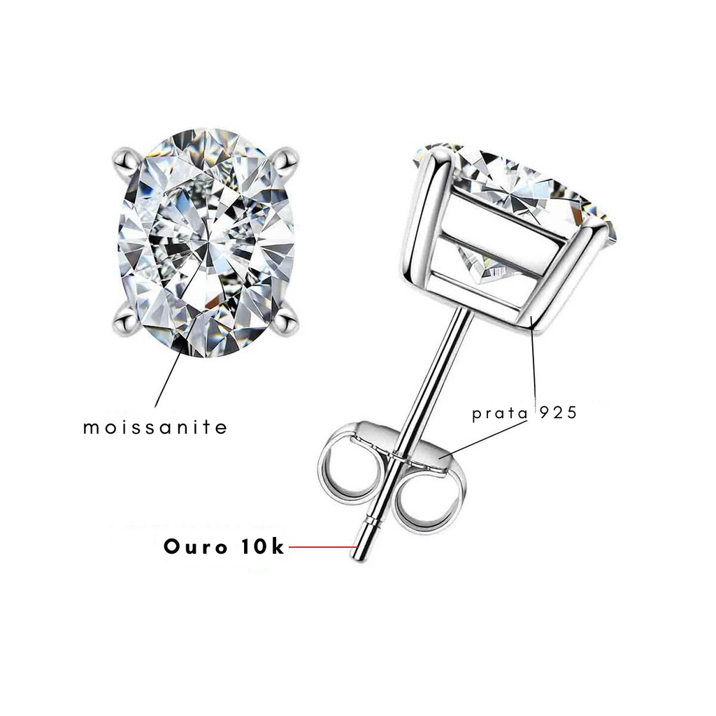 Brinco Moissanite Oval em Prata 925 com Haste em Ouro 10k – Yuna Joias - Yuna Joias