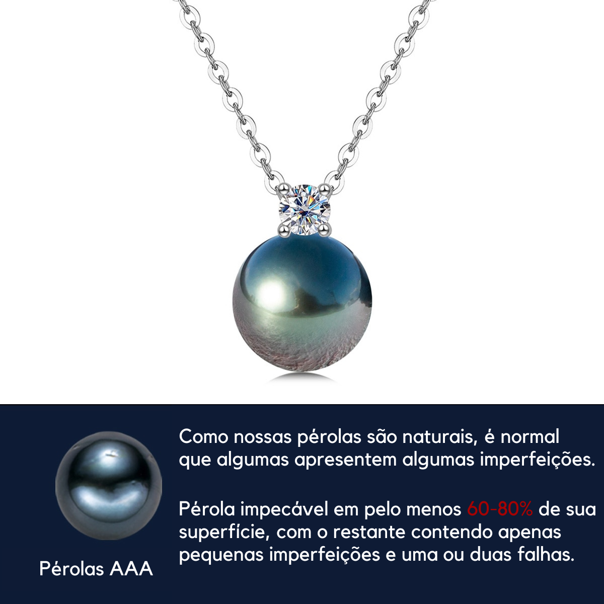 Colar de Pérola Natural Negra Tahiti com Moissanite e Ouro Branco 18k - Colar