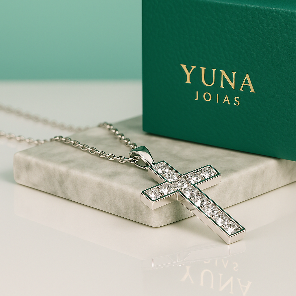 Colar em Formato de Cruz com Moissanites Ouro 18k - Yuna Joias - Yuna Joias
