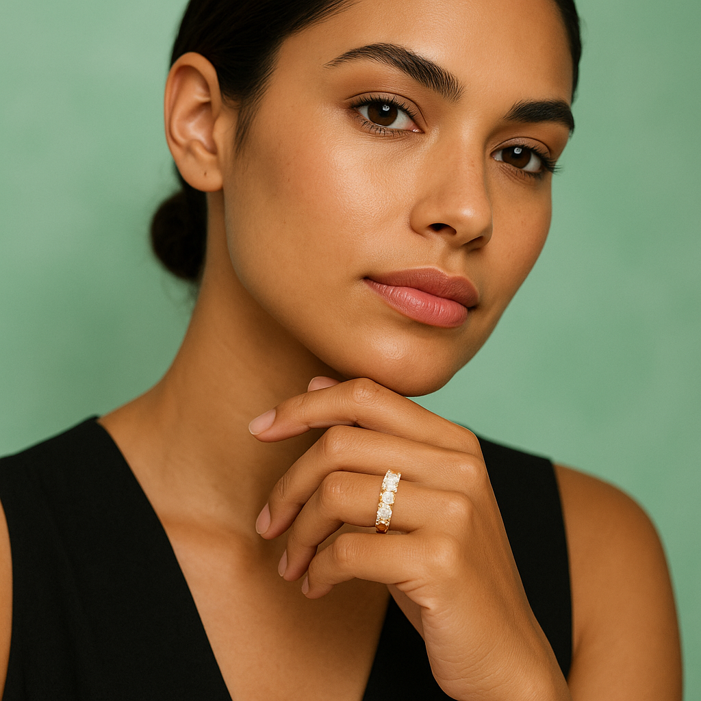 Meia Aliança em Ouro Amarelo 18k com Moissanites - Yuna Joias - Yuna Joias