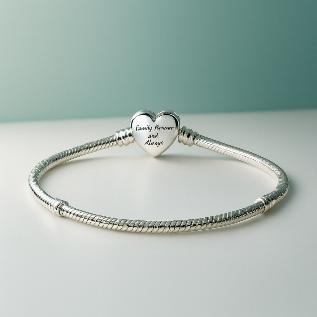 Pulseira berloque em prata 925 com fecho em formato de coração gravado Family Forever and Always
